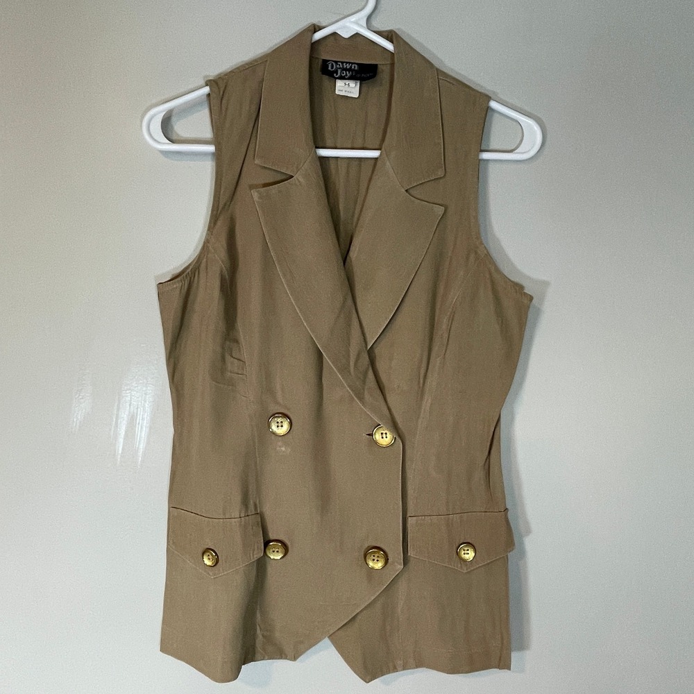 VTG Dawn JoyTan Double Breasted Vest Sleeveless Blazer Gold Buttons Size 5-6